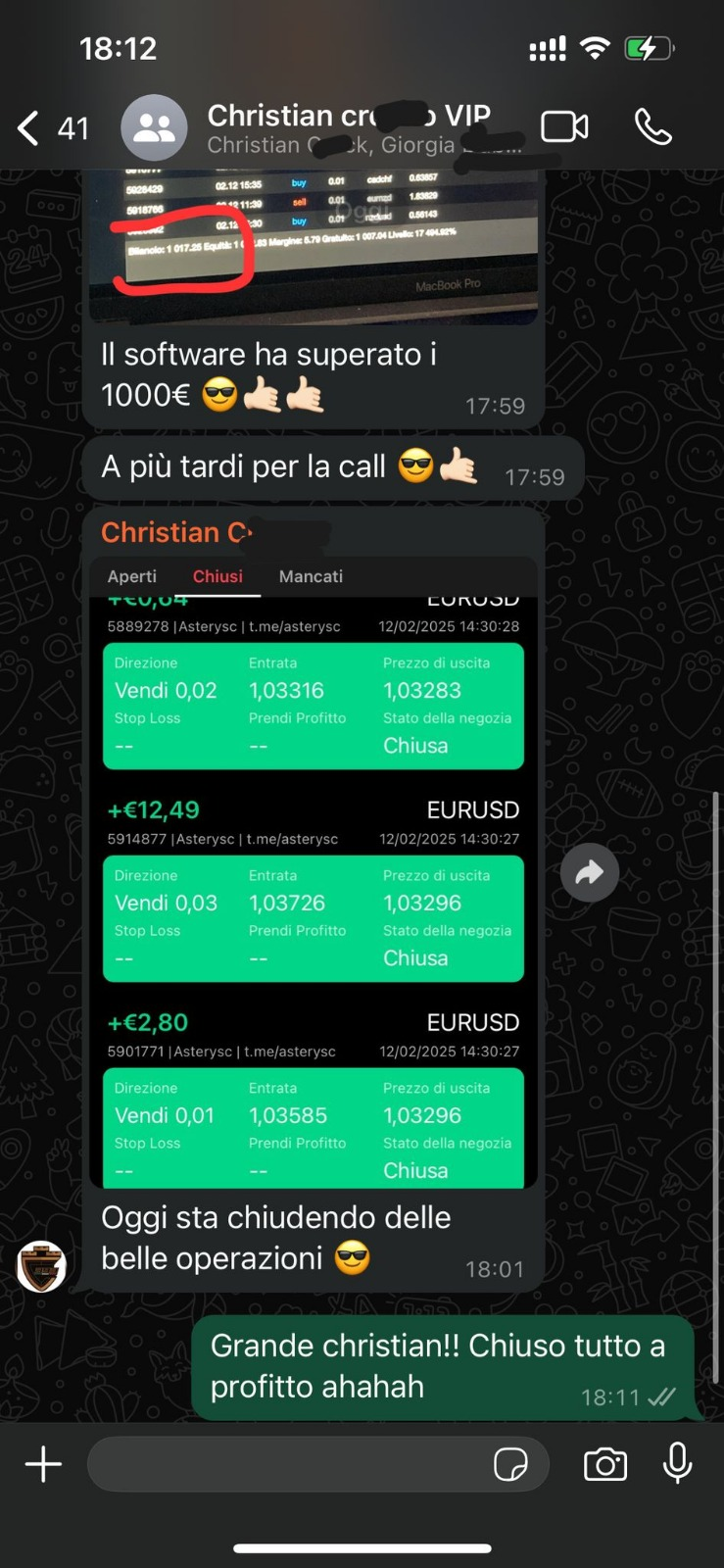 Screenshot risultato Christian — +1.000€ superati