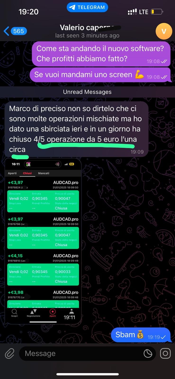 Screenshot risultato Valerio — 4/5 operazioni in profitto